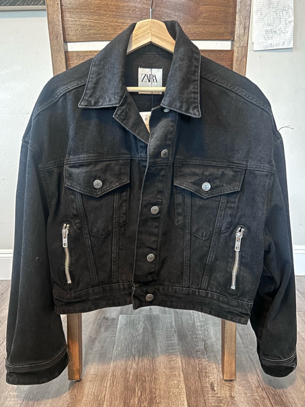 Zara Black Cropped Trucker Jacket with Silver Zippers